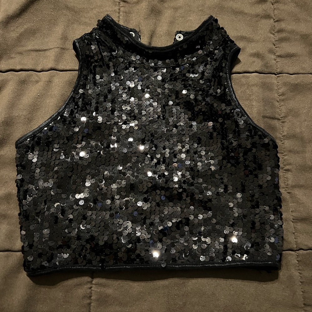Balera Dance Sequin Sleeveless Black Crop Top Adult Small